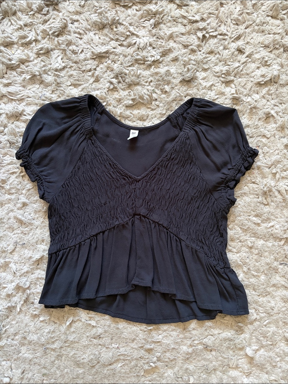 bp Black Smocked V-Neck Peplum Blouse